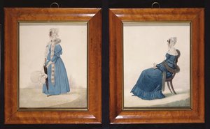 Two portraits of a Seated and a Standing Lady in Blue Dresses, c.1830